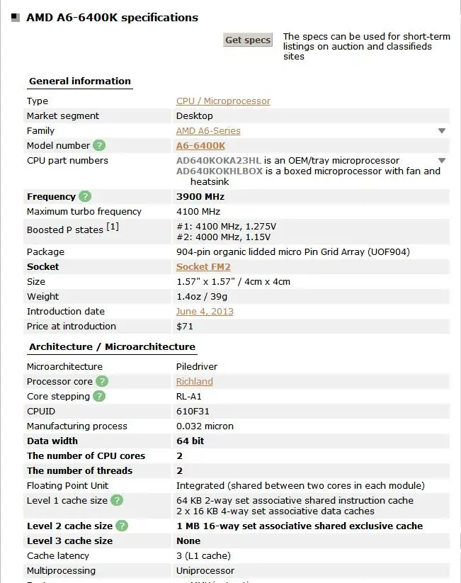 AMD A6-Series A6-6400K A6 6400 A6 6400K 3,9G 65W двухъядерный процессор разъем FM2