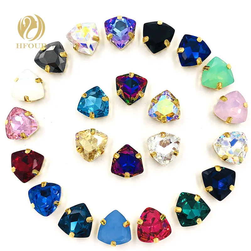 

New arrival 12mm Fat triangle crystal sew on glass rhinestones 10pcs gold base rhinestones diy wedding decoration accessories