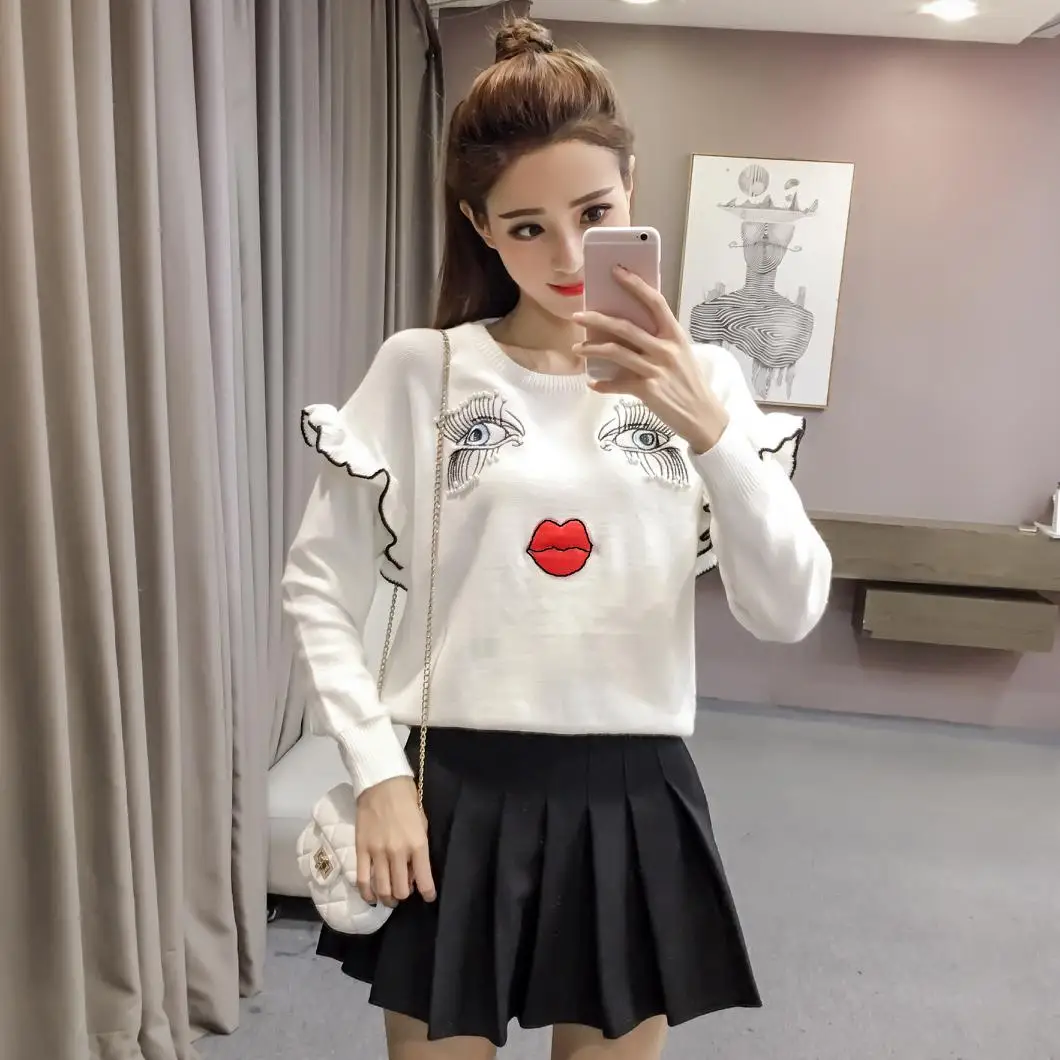 sweater women spring autumn winter 2017 feminina thin pullover fashion falbala embroidery nail bead white female A4542 | Женская одежда