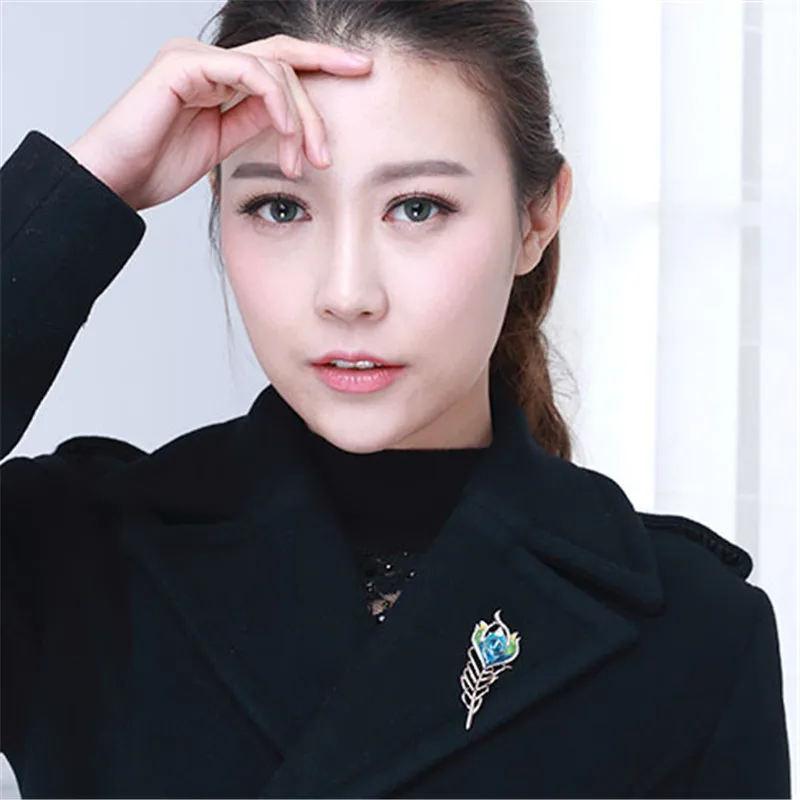 New Arrival Fashion Women Vintage Gold Color Feather Brooch Blue Enamel Pin Crystal Rhinestone Metal Brooches Jewelry Accessory | Украшения