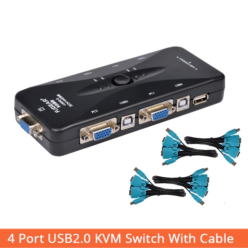4 Port KVM USB Hub Switch Box  Black Selector Adattatore con 4 pz Cavo VGA per PC Tastiera Mouse Monitor 1920*1440 commercio