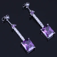 trendy rectangle purple cubic zirconia white cz silver plated drop dangle earrings v0370