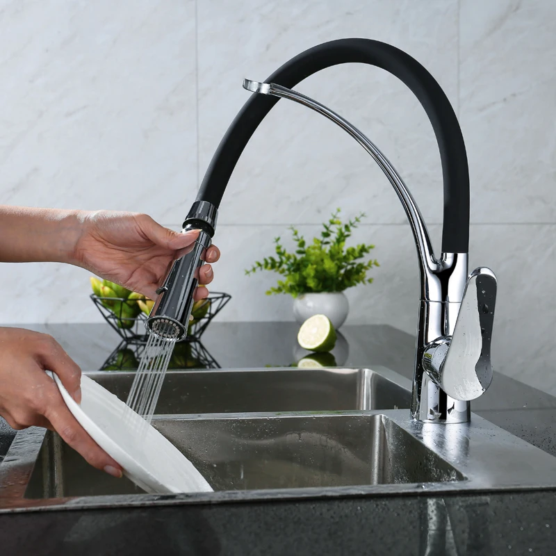 OLMEY Горячая распродажа в Польше Кухонный смеситель с длинным носиком и черным гибким силиконовым шлангом, однорычажный кран для раковины слива воды.