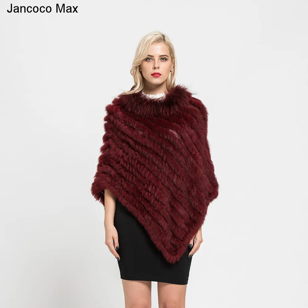 Jancoco Max Новое поступление Настоящее кроличье меховое Вязаное пончо воротник из меха енота шали женские зимние накидки пуловер S7110