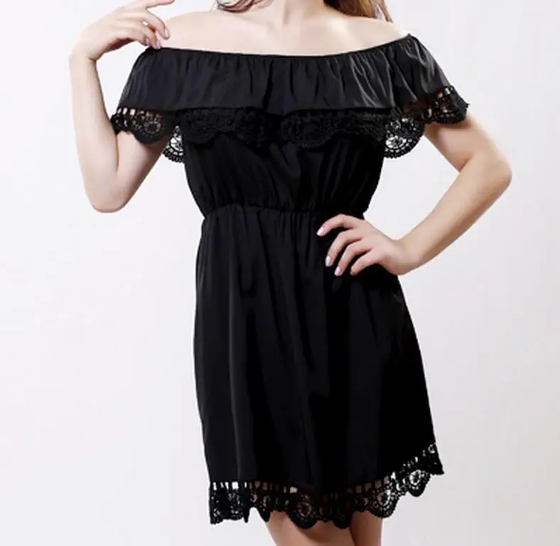 S455 Black YGYEEG Новое Женское летнее сексуальное пляжное повседневное свободное платье с вырезом лодочкой элегантное винтажное милое Кружевное белое черное мини платье Vestidos - Цвет: S455 Black