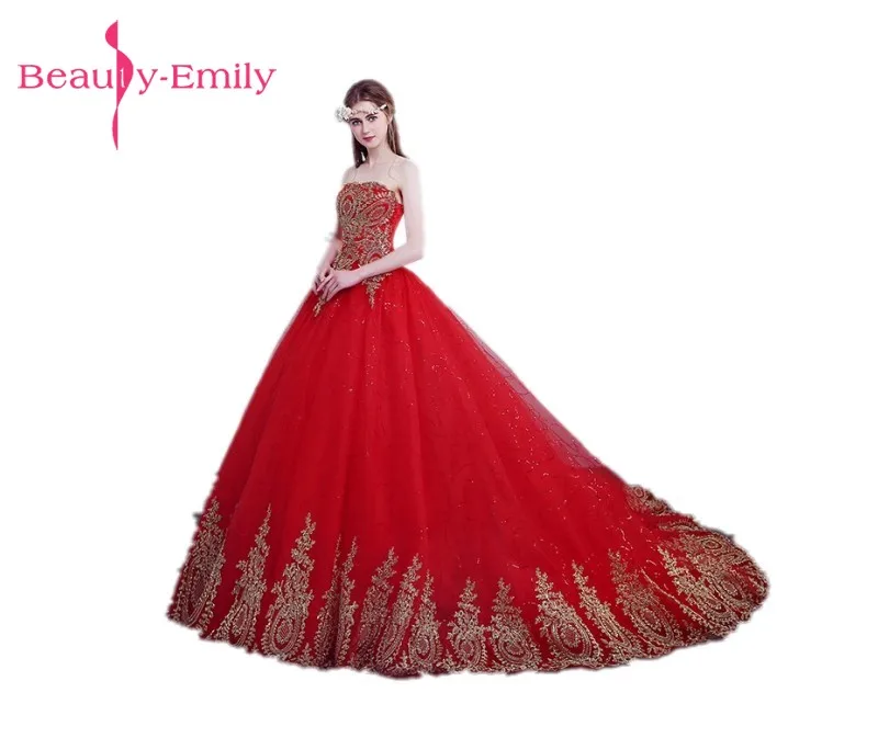 Beauty Emily 2017 Дешевое кружевное красное свадебное платье длинный шлейф плюс размер