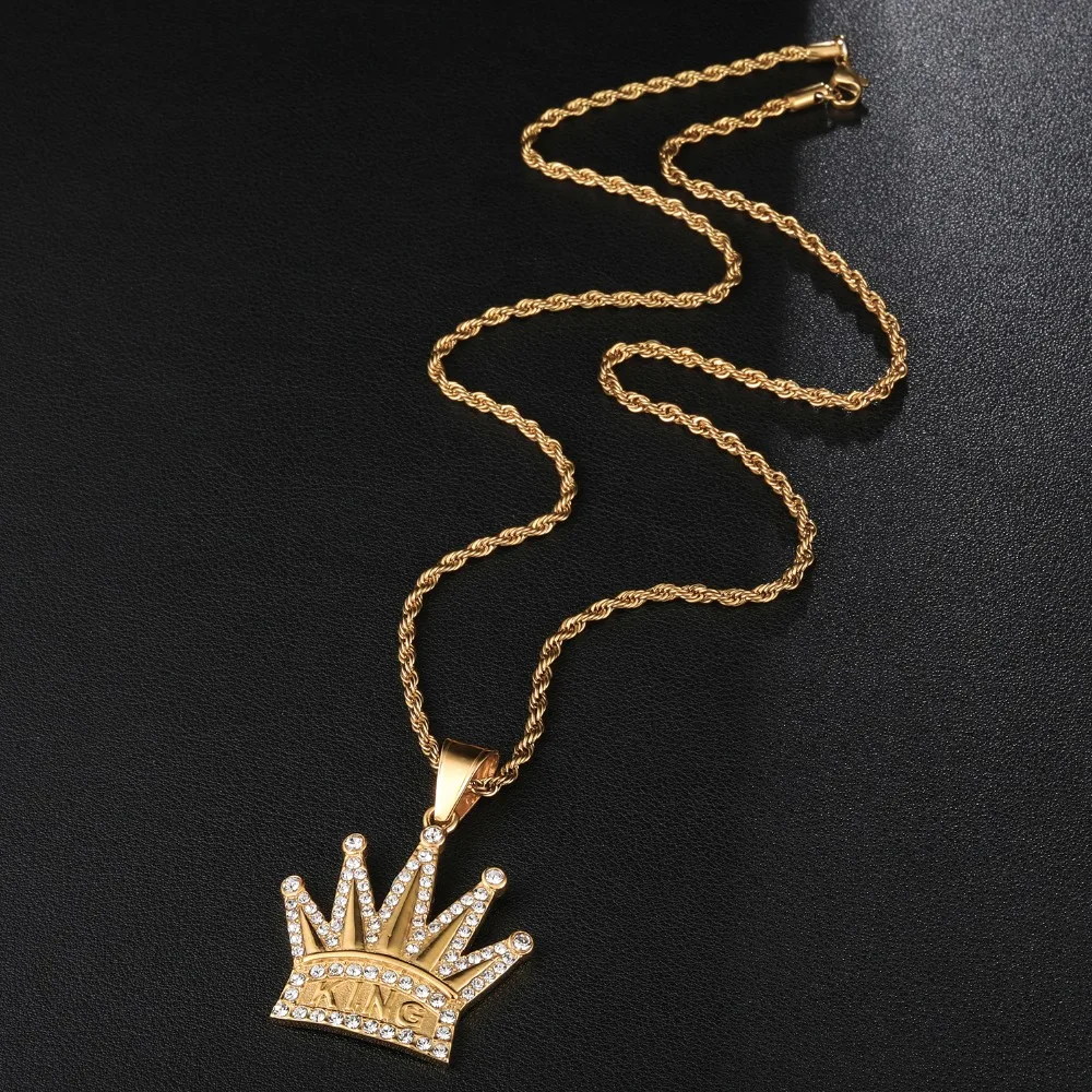 Хип хоп Полный AAA Iced Out Bling кубический циркон корона король CZ кубический циркон нержавеющая сталь ожерелья и подвески для мужчин ювелирные изделия