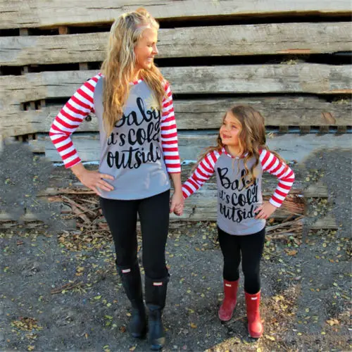 Family Matching Outfits Mother Daughter Casual Long Sleeve T-shirt Tops Women Girls Kid Tee Top | Мать и ребенок