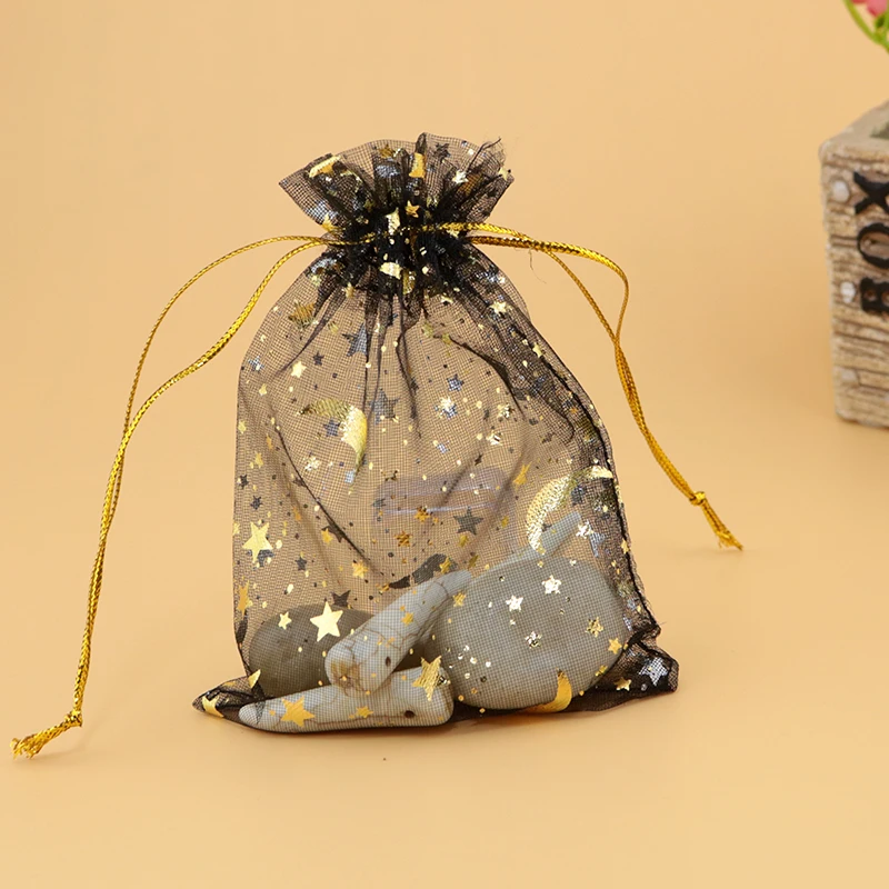 

500pcs/lot 9x12cm Drawable Organza Bags Star Moon Black color Wedding Christmas Gift Bag Jewelry Packaging Bags Pouches