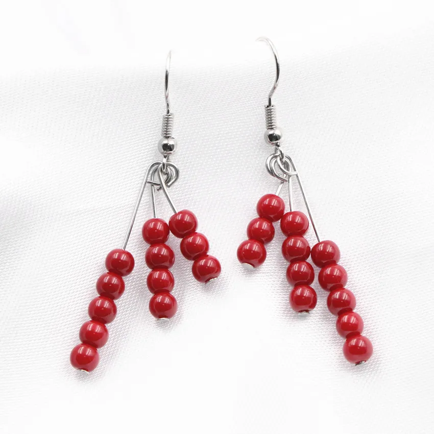 Женские серьги капельки A662 винтажные красные из искусственного коралла 4 мм для