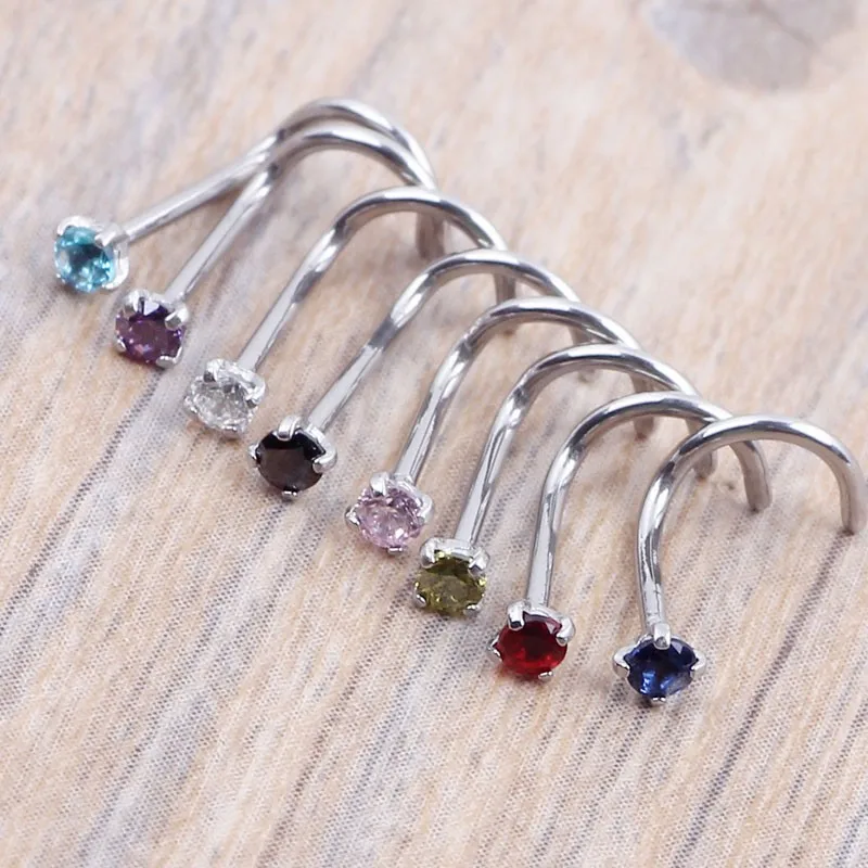 JUNLOWPY Crystal, золотое, серебряное, циркониевое кольцо для носа, с винтом, Шпилька для носа, прозрачная, розовая, красная, фиолетовая, изогнутая стальная Шпилька, кольцо для пирсинга 20 г 0,8 мм