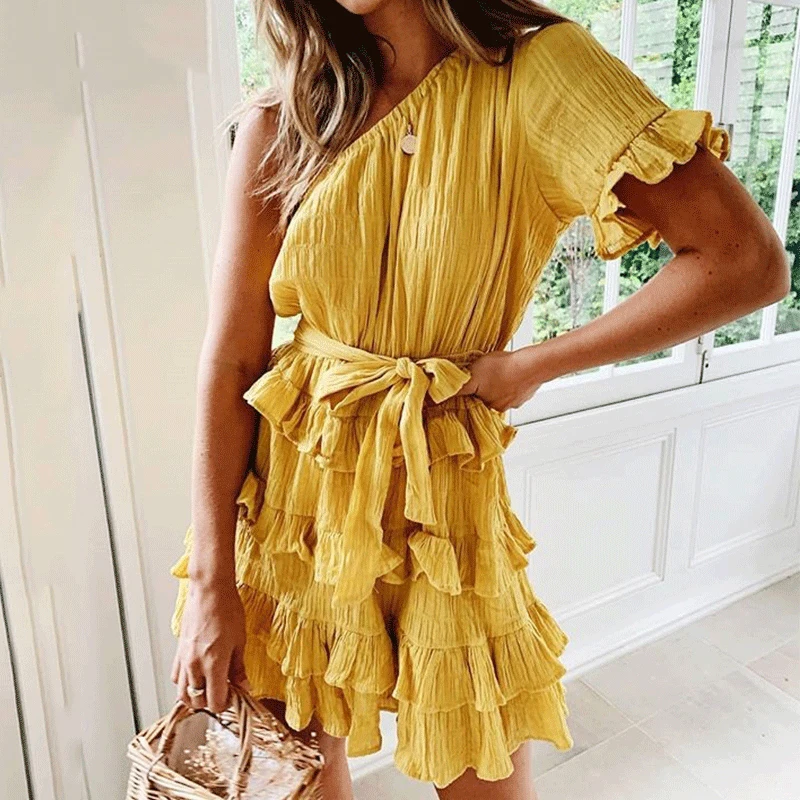 Женское платье с оборками винтажное повседневное мини бантом летнее желтыми