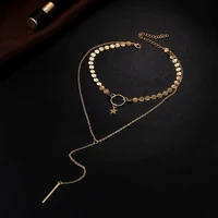 chic gold silver double layer tassels necklaces women round star geometry long chain choker cuboid pendants necklace jewelry