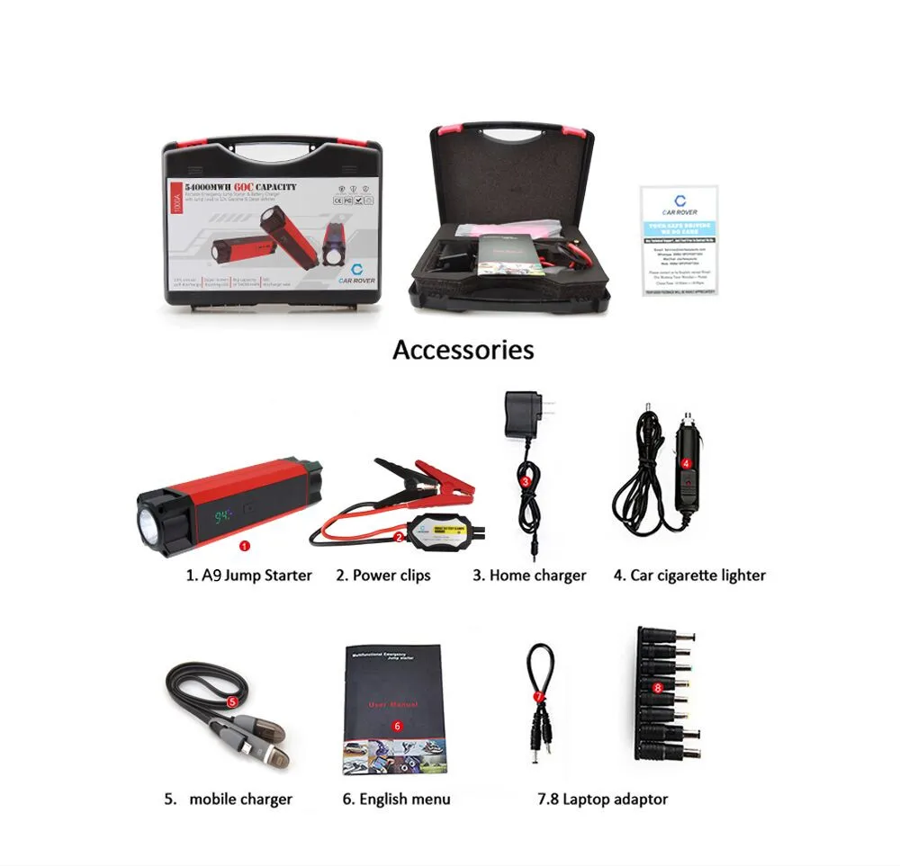54000mWh Портативный аварийного скачок стартер и Батарея Зарядное устройство с пускового провода или 12В бензиновых и дизельных транспортных средств с умным Мощность зажим