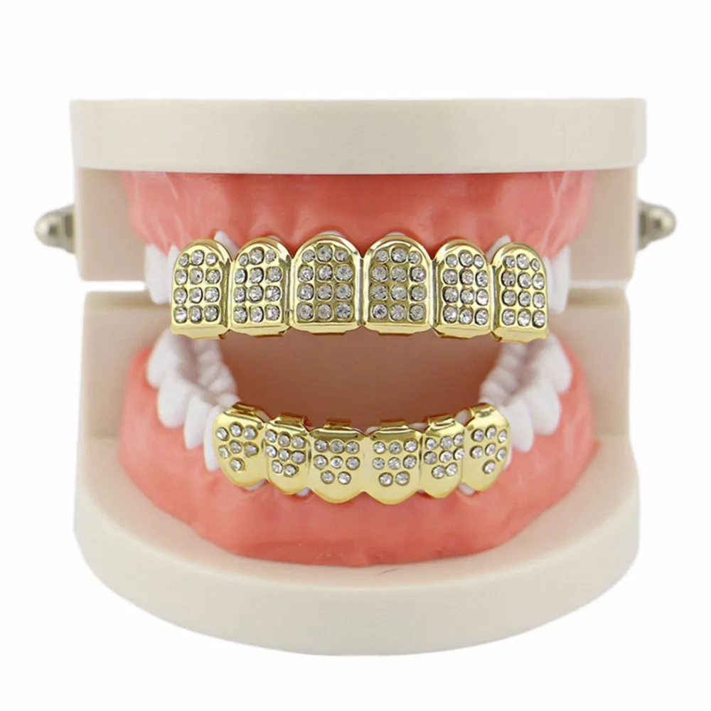 1 пара 14 к золотые зубы Grillz сверху и снизу Iced Out CZ хип хоп зуб крышка гриль набор ювелирных изделий