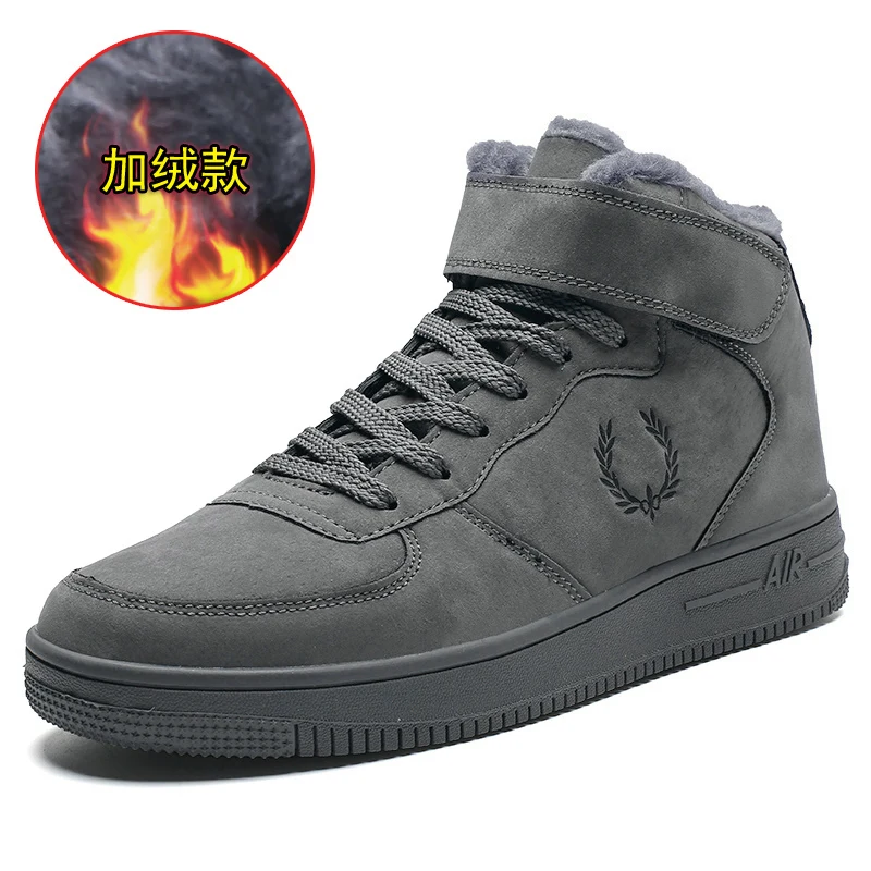 Men's Flats Cotton Padded Skateboarding Shoes High-top Lace Up Leather Winter Warm Black Grey Fashion For Men Boys 6 inch Nubuck