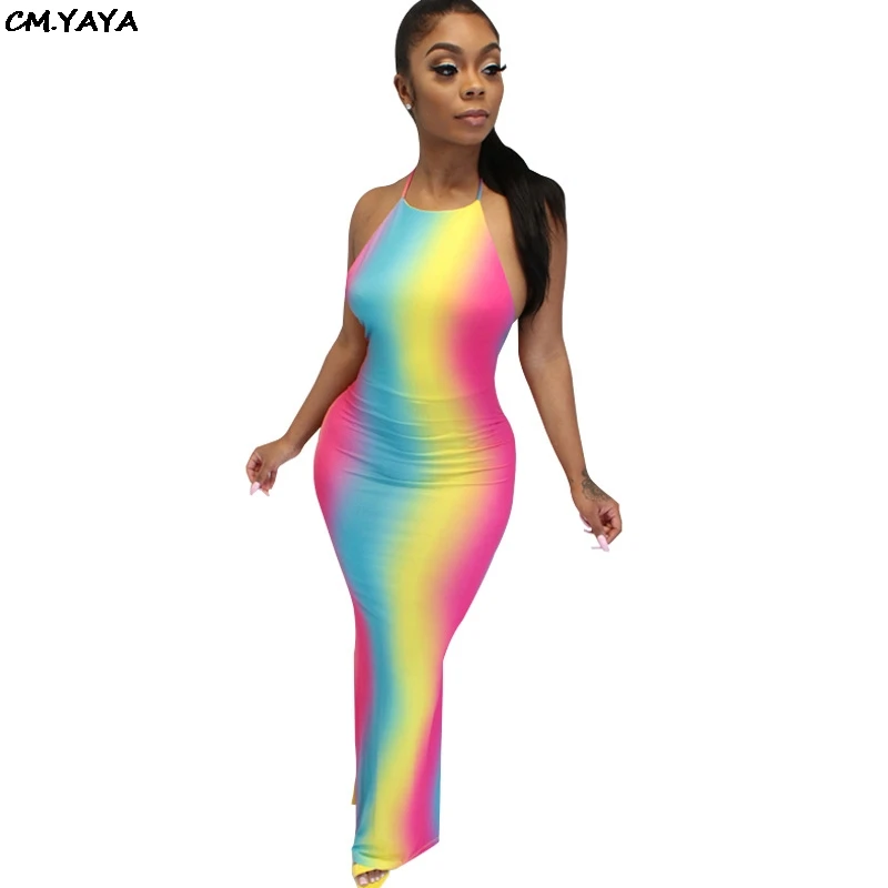2019 new women summer rainbow halter neck open back bodycon midi maxi dress club party sexy night long dresses 3 color GLME2705 | Женская