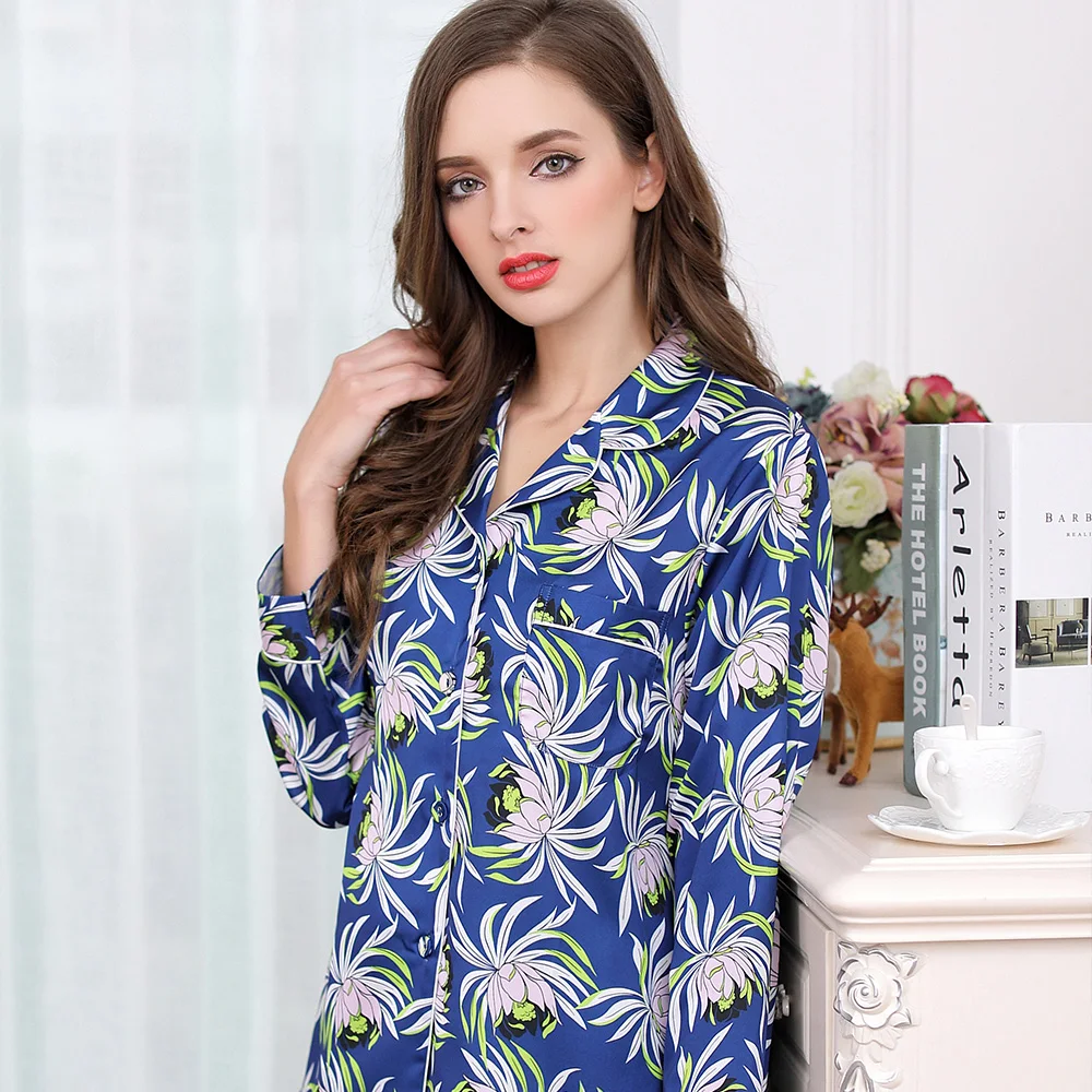 women silk pajama sets 2019 new brand fashion summer full length green flower printed silk fashion pajamas female sleepwears