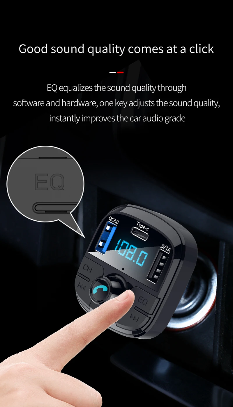 Автомобильный комплект громкой связи с Bluetooth, управление одним ключом, беспроводной Bluetooth fm-передатчик, ЖК MP3-плеер QC3.0, USB зарядное устройство, тип-c, свободные руки