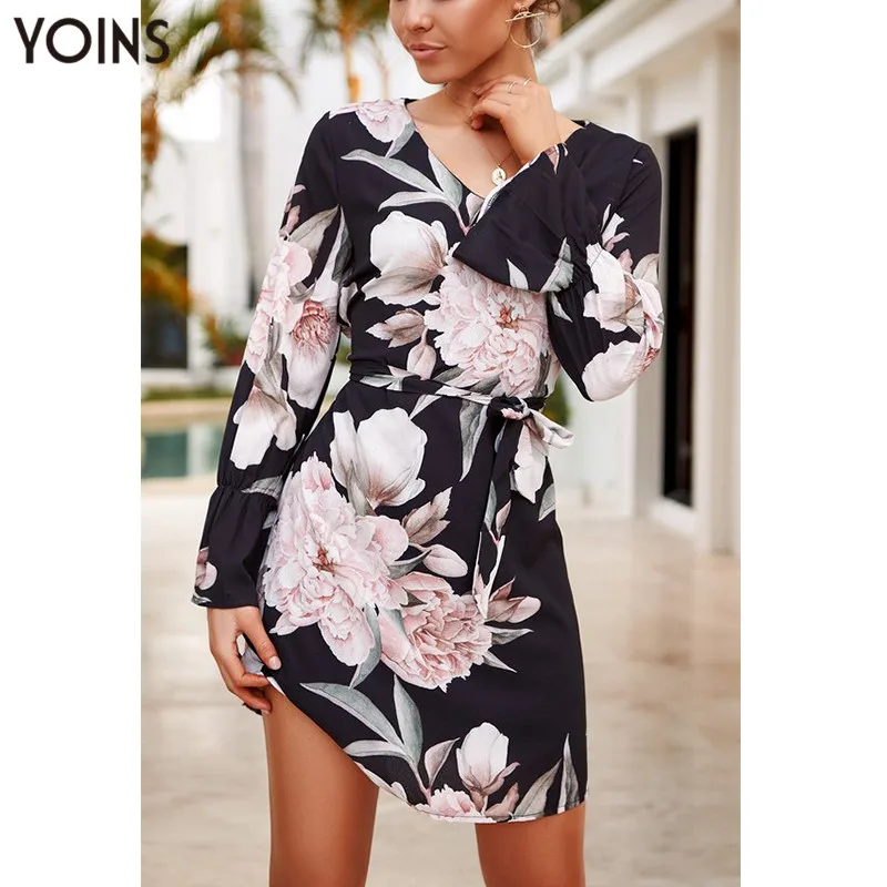 Женское платье с цветочным принтом длинным рукавом и V-образным вырезом | Женская