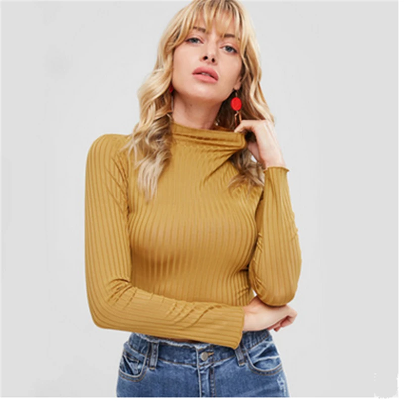

2018 New Solid Knitted Blouse Crop Top Female Casual Turtle Neck Long Sleeve Women Short Stretch Slim Tops Blusas Shirts Basic