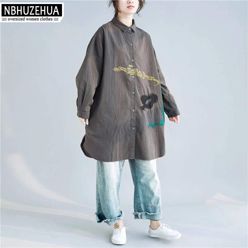 NBHUZEHUA/Винтажные женские блузки с вышивкой и длинным рукавом большие размеры