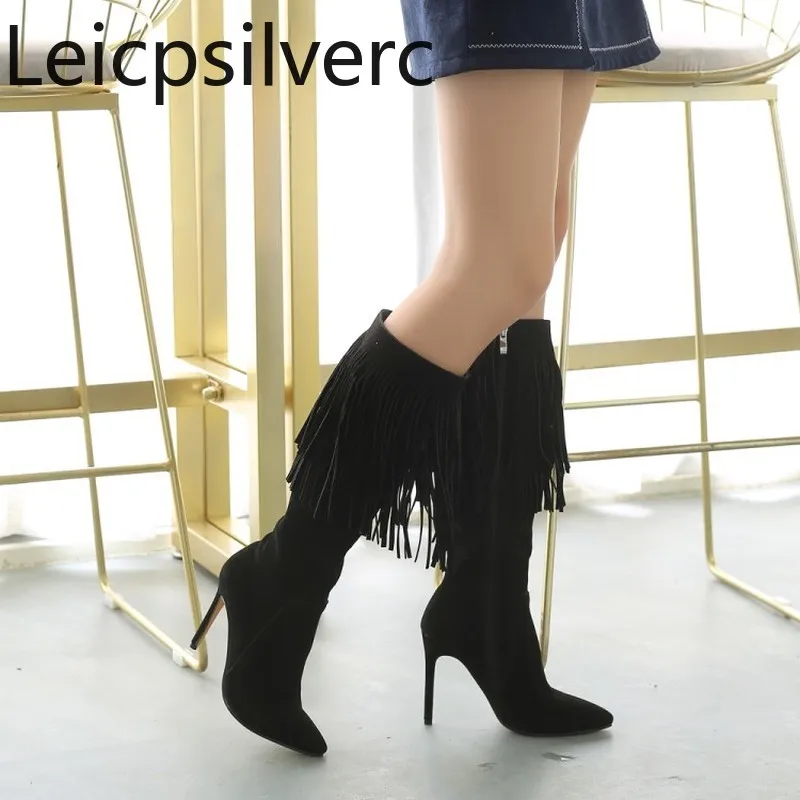 Женские ботинки на высоком каблуке заостренный носок молния бахрома высокий