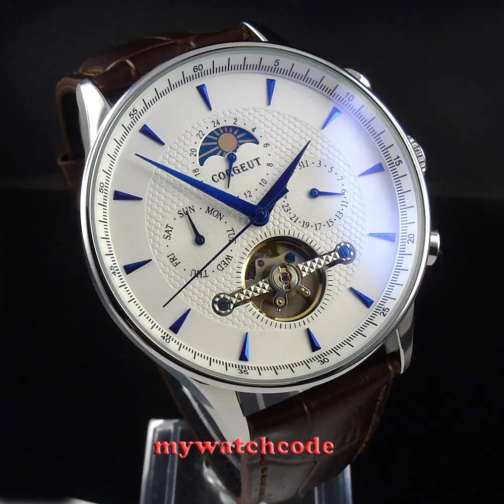 44 мм автоматические мужские наручные часы с белым циферблатом лунной фазой