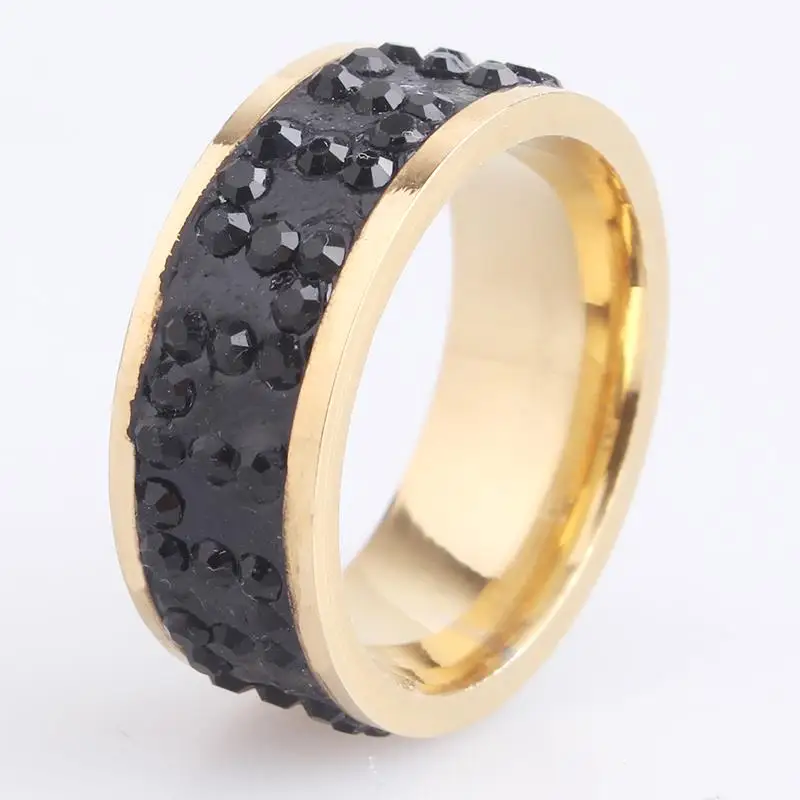 free shipping 8mm gold color Great Wall black crystal 316L Stainless Steel finger rings for men women wholesale | Украшения и