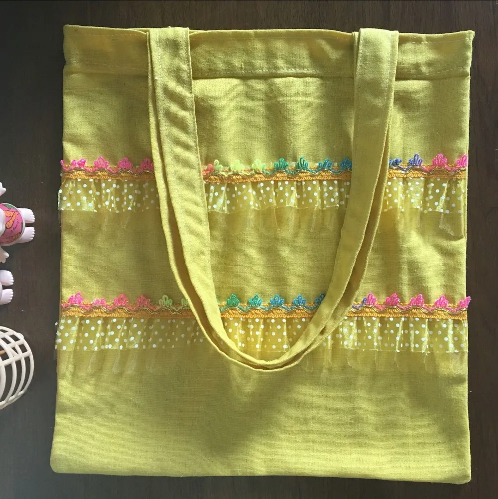 

YILE Fashion Unique Yellow Cotton Canvas Shopping Tote Shoulder Bag Pleated Trim 715c