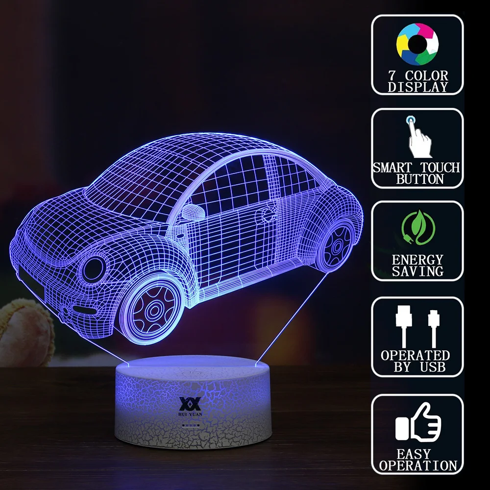 HY светодиодный новые творческие Жук автомобиль 3D лампа USB 7 цветов украшения дома