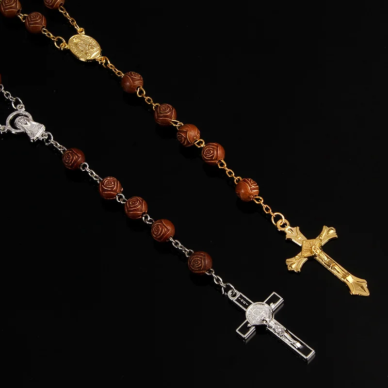 Католическое розовое ожерелье из смолы 8 мм с винтажными религиозными белыми