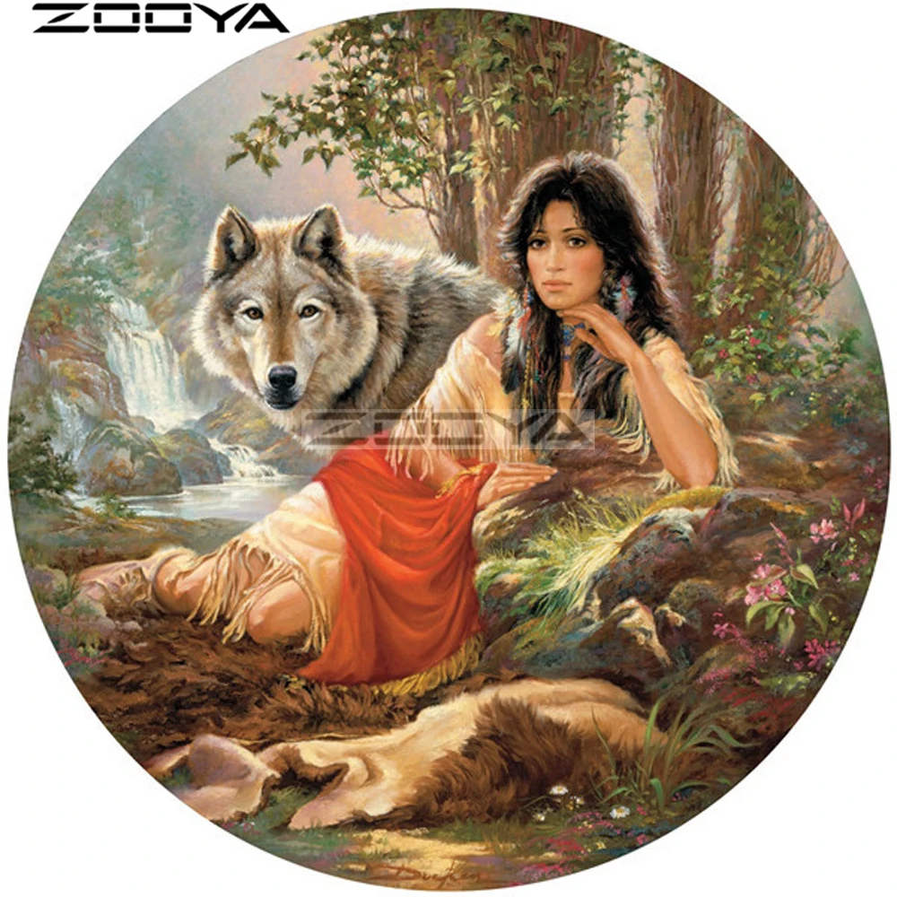 

ZOOYA Sale 5d Diamond Embroidery Full Round Diamond Woman Wolf Pictures Of Rhinestones Full Diamond Painting Cross-Stitch R1939