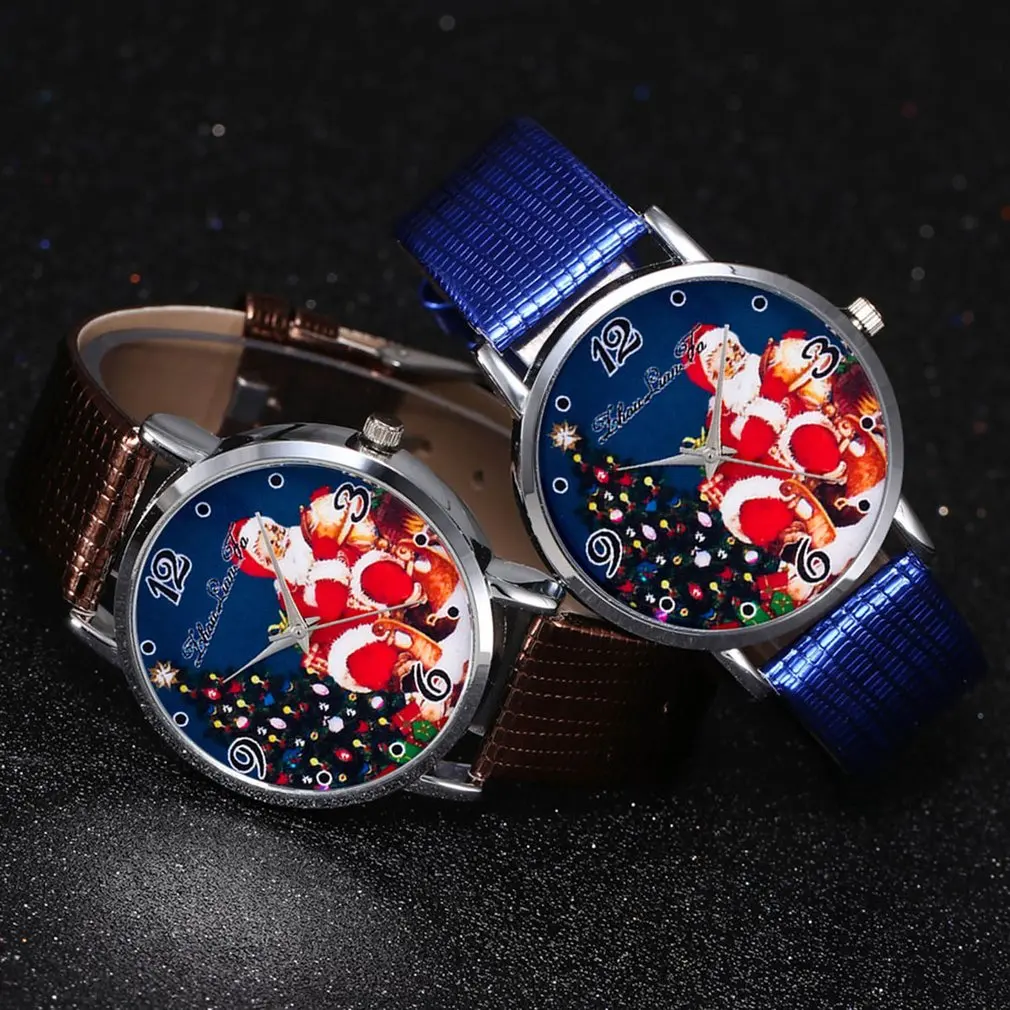 Кварцевые часы с рисунком Санта Клауса для детей сплав круглый циферблат кожа