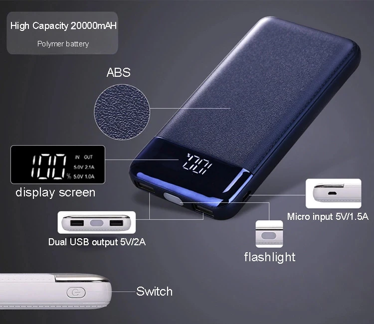 Внешний аккумулятор 20000 мАч, ЖК-дисплей, быстрая зарядка, двойной USB, для iPhone X, 8, 7, 6, 5, huawei, Honor, samsung, внешний аккумулятор, зарядное устройство