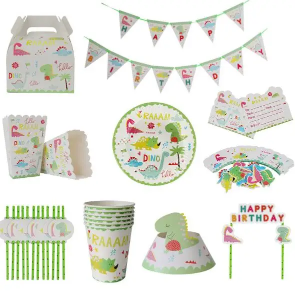 

Dinosaur Theme Tableware Set Birthday Party Decoration Kids Baby shower plate Cups hats Tablecloth Flag Straw Party Supplies