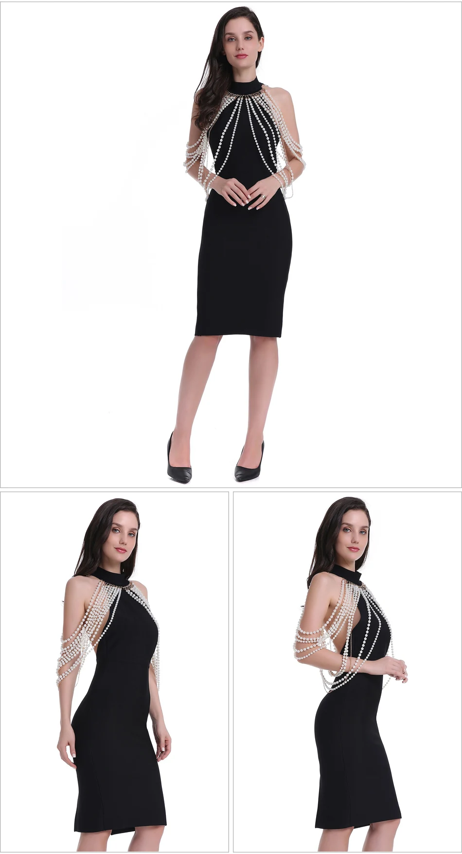 Элегантная металлическая цепь бинты Vestido женское платье Холтер Бисер спинки без рукавов Перл Украшенные разрез сзади Femme платье