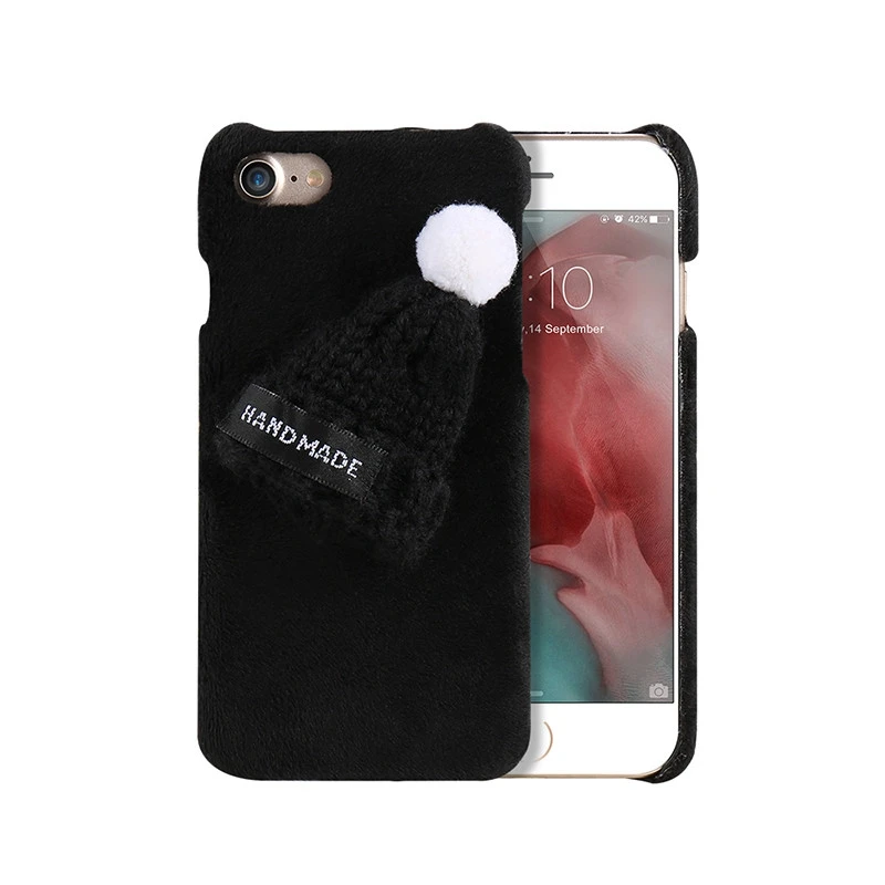 Рождество Kisscase зимние Плюшевые чехол для iPhone 7 6 6 S plus 5 5S Прекрасный вязаная шапка Телефон задняя крышка Симпатичные Девчушки Новогодние Чехлы Shell чехол на айфон 6 7 6s Plus чехол чехол для телефона - Цвет: Black