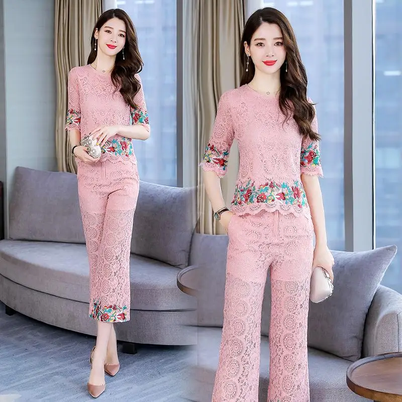 

New Summer Lady Lace Suits Two Pieces Elegant Female Embroidery Floral Lace Blouse Sets With Pants