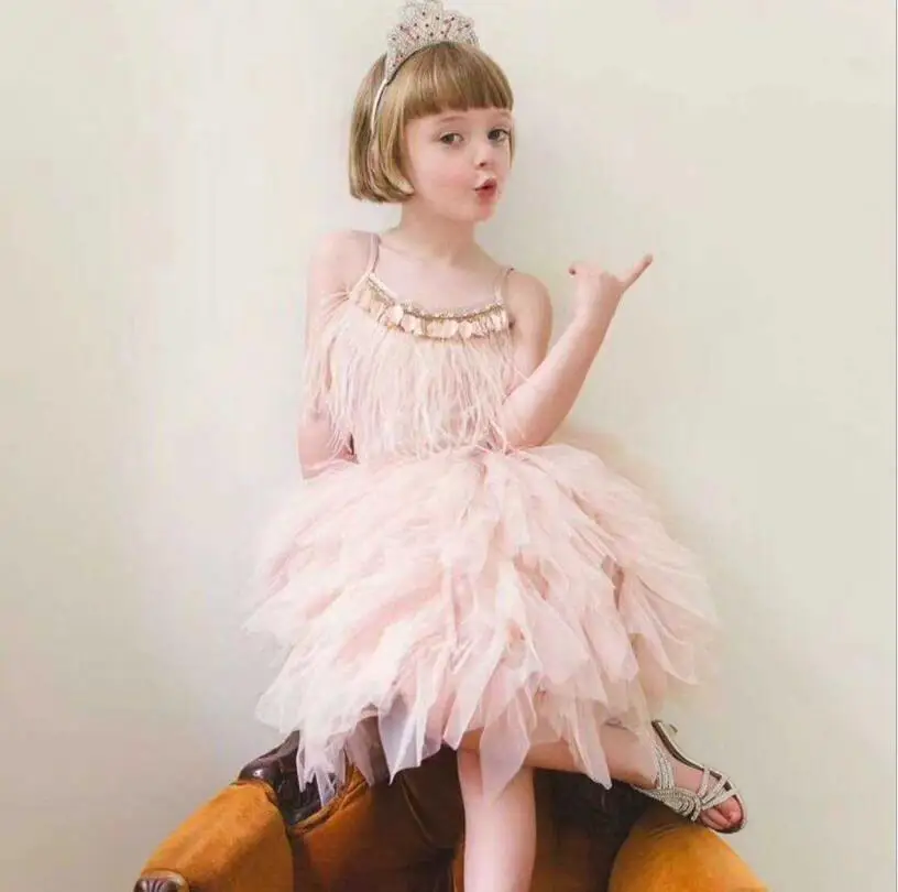 Зеленое роскошное черное платье-пачка с перьями для маленьких девочек детское