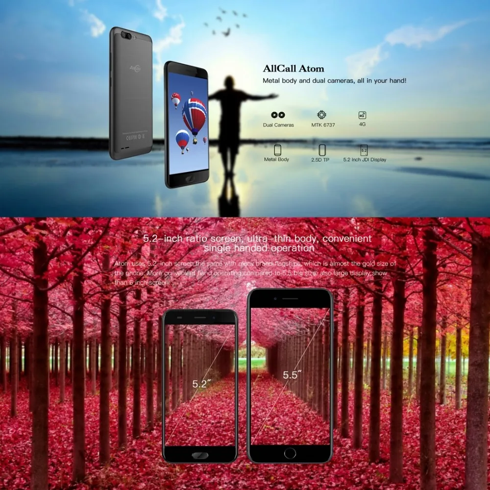 LTE 4G AllCall Atom 2 ГБ+ 16 Гб 5,2 дюймов Android 7,0 мобильные телефоны с двумя задними камерами MTK6737 четырехъядерный процессор до 1,3 ГГц OTG с двумя sim-картами