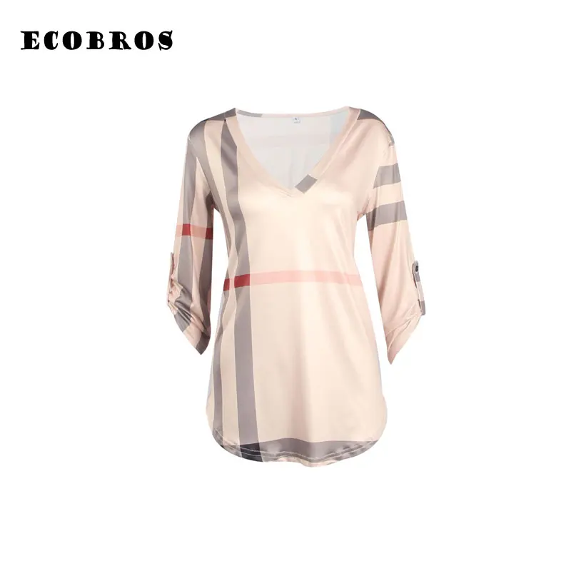 ECOBROS 2017 Новая Женщина Лето Футболка Мода Свободные V-образным Вырезом плед печать