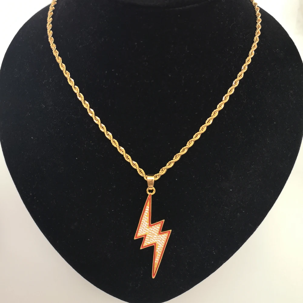 Iced Out микро Pave кубический цирконий гром болт кулон 2" верёвка из нержавеющей стали цепи хип хоп ожерелье
