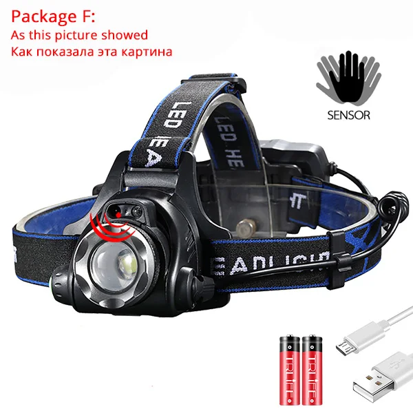 Package F 2000LM ИК-датчик светодиодный налобный фонарь для рыбалки V6/L2/T6 Водонепроницаемый налобный фонарь с масштабируемым налобным фонариком с батареей 18650 - Испускаемый цвет: Package F