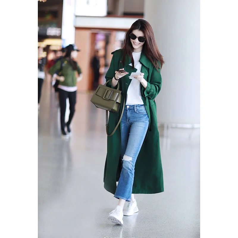 green Autumn Fashion Double-breasted Green Windbreaker Korean Casual Jacket Basic Belt Long Coat For Office Ladies Overcoat f1081 - Цвет: green