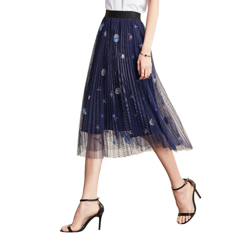 Navy Blue Vitly Mesh миди плиссированная Женская юбка романтическая вышивка блестками Тюль миди юбка Женская корейские демисезонные юбки с эластичной резинкой на талии - Color: Navy Blue