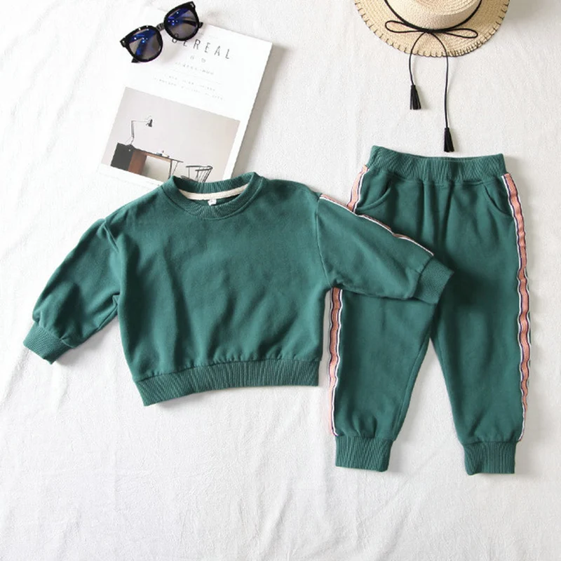 Children Tracksuits for Girls Solid Color Crew Neck Long-sleeved Sweater T-shirt Trousers Set Children's Casual Kids Clothes | Детская