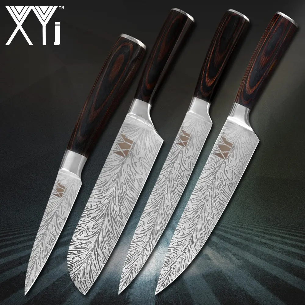 E. 4 PCS Set XYj нож из нержавеющей стали с красивым узором 7cr17, лезвие из нержавеющей стали, цветные кухонные ножи с деревянной ручкой, набор ножей из 8 предметов - Цвет: E. 4 PCS Set