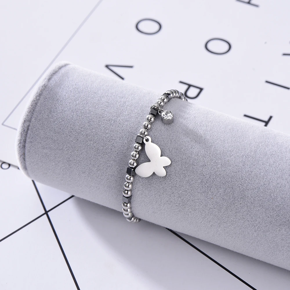 Женский браслет из нержавеющей стали с подвеской-бабочкой эластичный камнями по