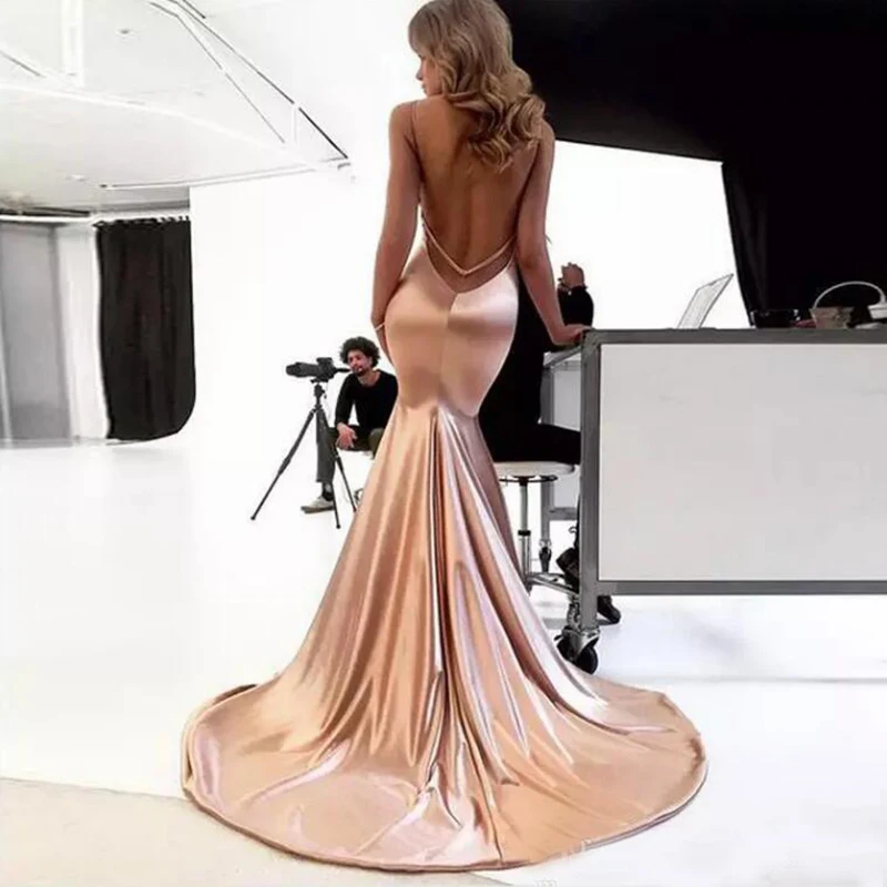 Robe de soiree сексуальный глубокий v-образный вырез Русалка Бледно-розовый вечерние платья полный с низким вырезом на спине длинный сатиновый плащ длинное вечернее платье вечерние платья